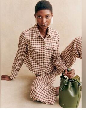 NWT Sezane Maelle Cotton Linen Shirt Jacket Brown Gingham Ecru FR 38 US 6